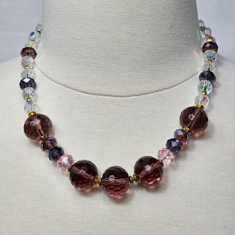 Vintage Faceted Glass Crystal Bead Necklace Purple Pink AB Coated Clear 18-20 in